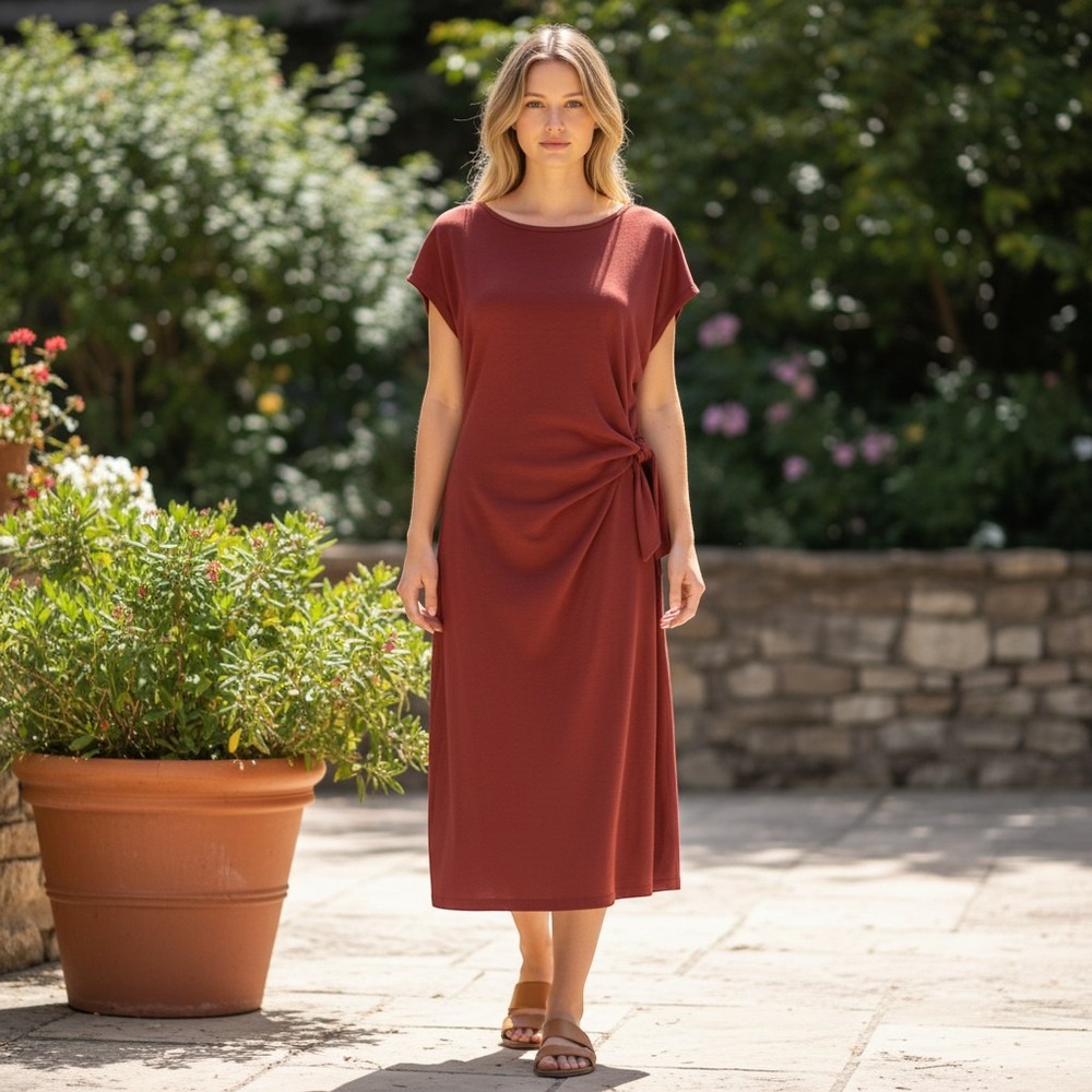 248. See You Monday Rust Brown Side Tie Midi Sheath Dress Womens Large